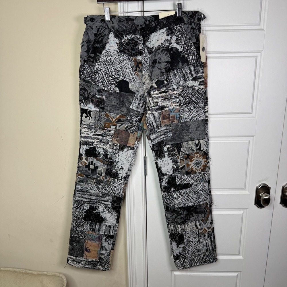 MNML Paneled Blanket Pants Mens 32 Black White Patchwork Tapestry Trousers NEW